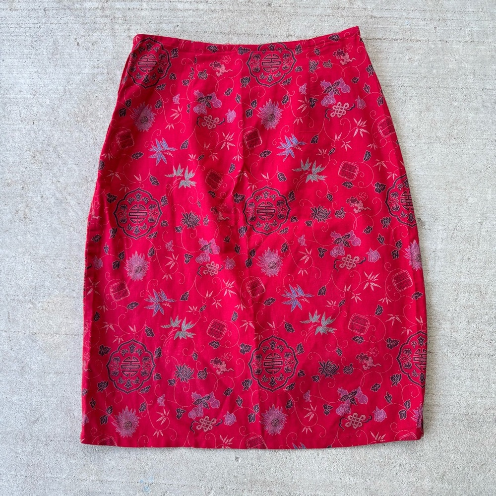 Vintage 24/7 365 Red Asian Floral Pattern Cotton Mini Skirt USA Size XS 26"